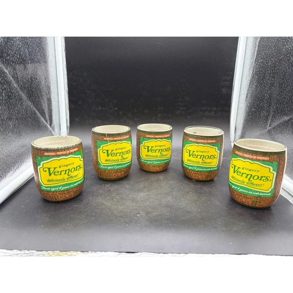 Vintage Vernors Ginger Ale Barrel Glasses 10oz Set of 5 Soda Advertising Collect